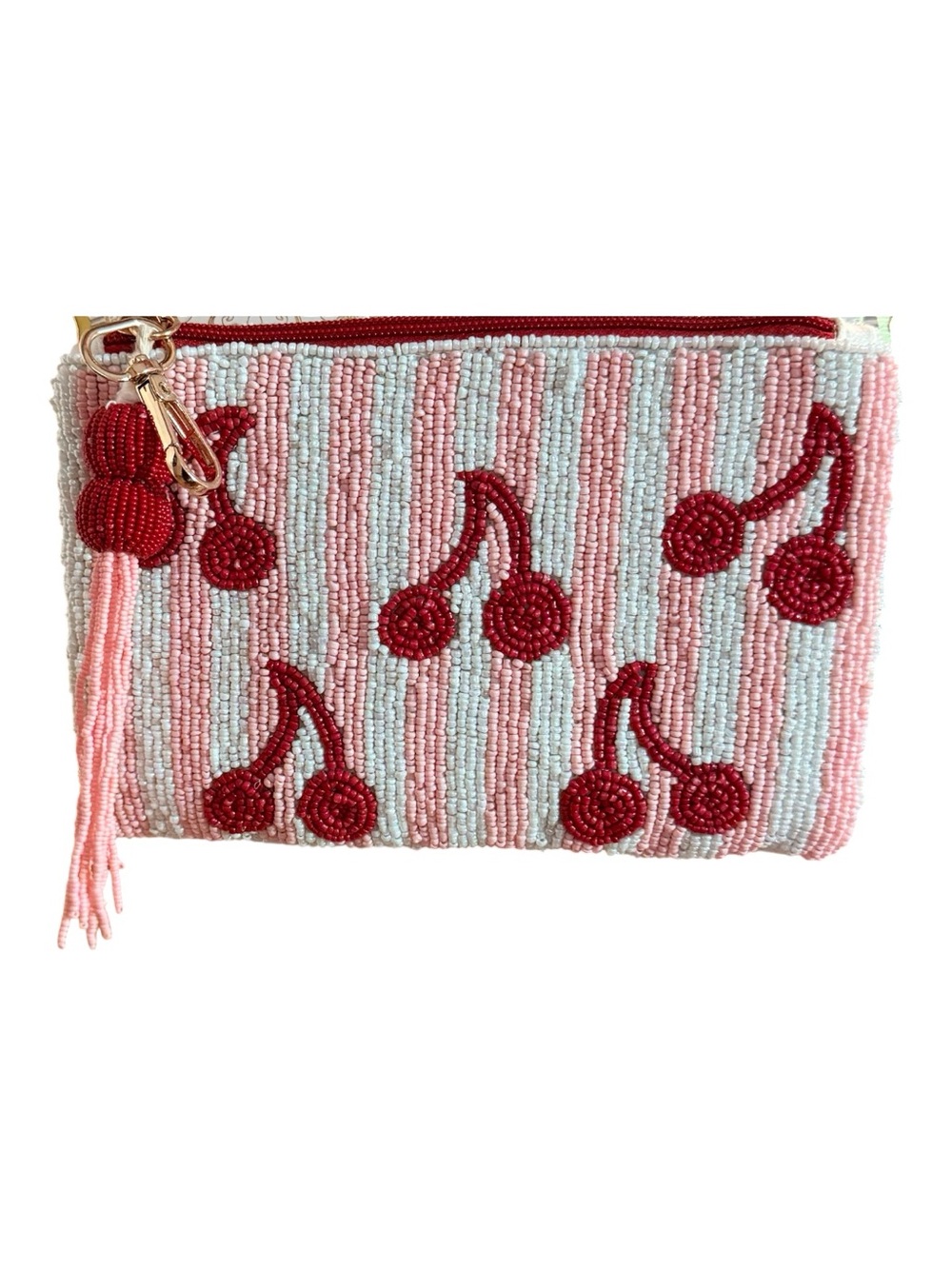 Beaded Cherry Stripe Coin Purse - Pink & Red